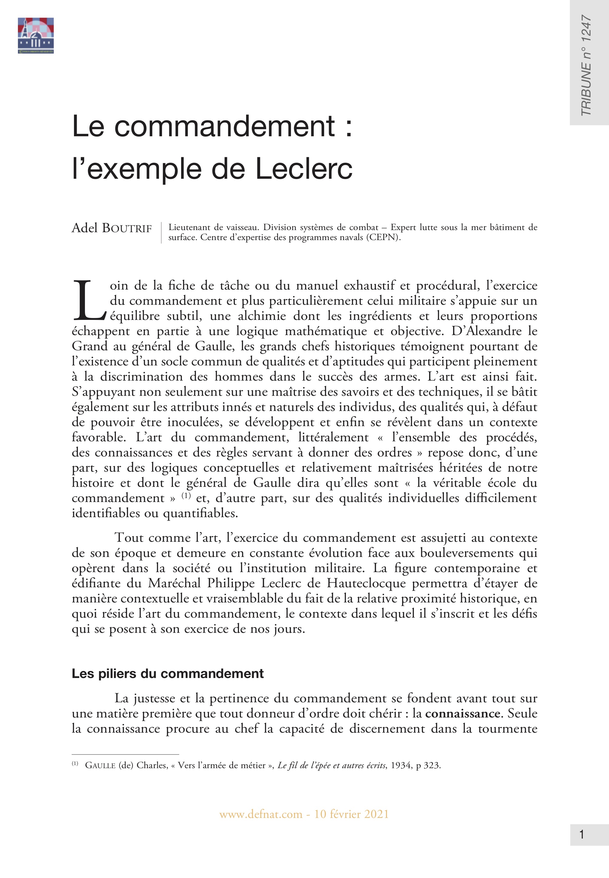 Le commandement : l'exemple de Leclerc (T 1247)
